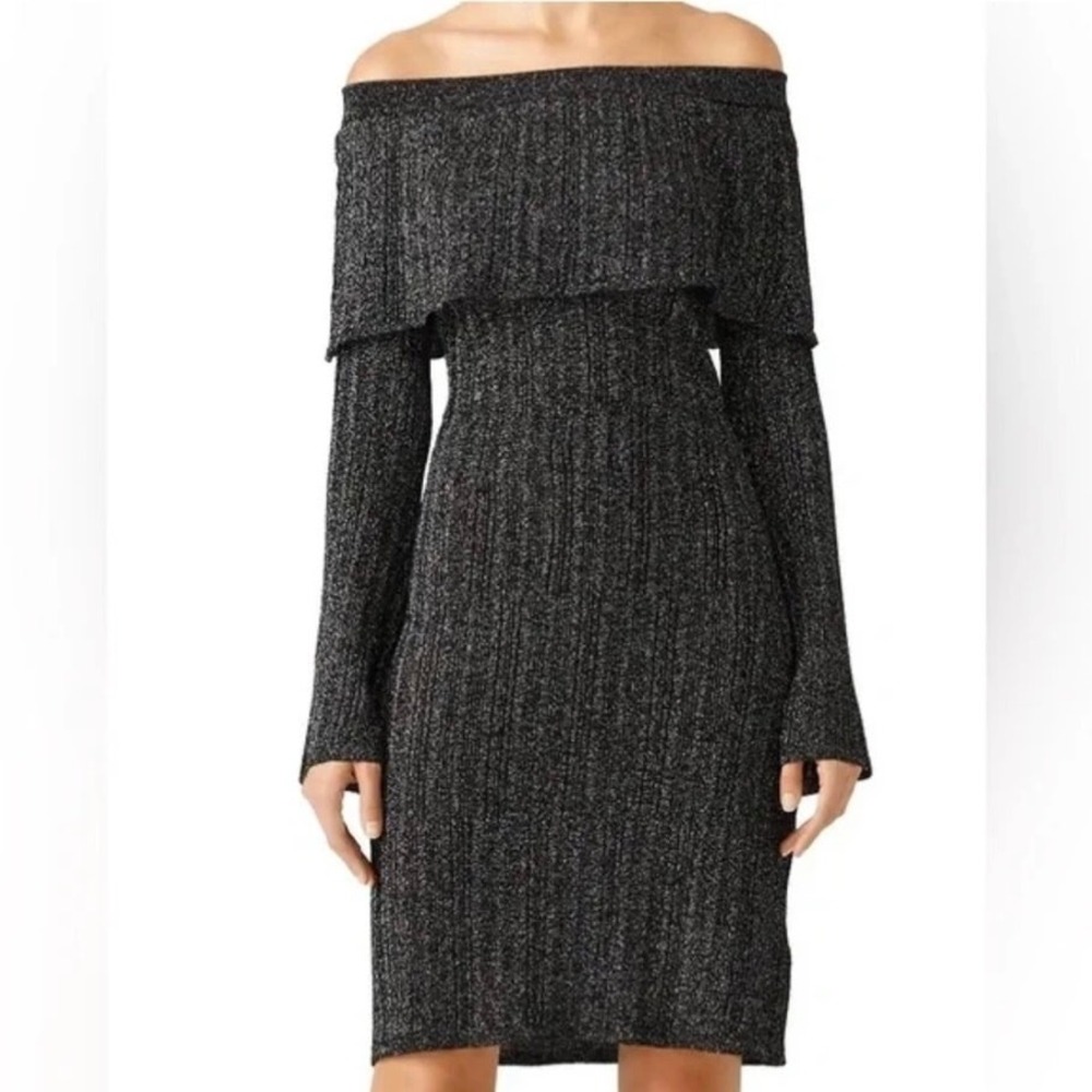 KEEPSAKE Off Shoulder Ribbed Knit Dress Bodycon Long Sleeve Black‎ Gray Size S